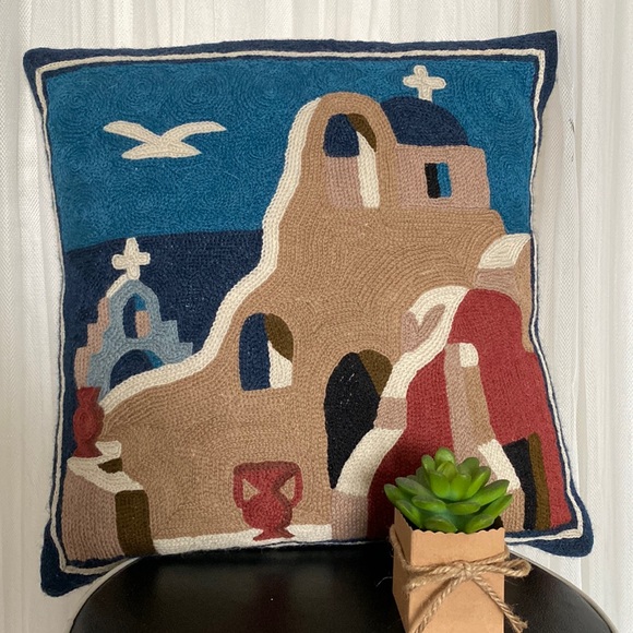 Vtg 90’s Handmade needle wool crafted Cushion Greek scenery art Size 15.5”x15.5” - Picture 1 of 13